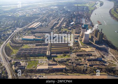 Vista aerea, Hüttenwerke Krupp Mannesmann GmbH HKM sul fiume Reno, Hüttenheim, Duisburg, regione della Ruhr, Renania settentrionale-Vestfalia, Germania, Duisburg-S. Foto Stock