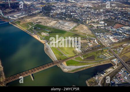 Vista aerea, Rheinpark Duisburg sul fiume Reno e complesso residenziale progettato RheinOrt Hochfeld, futuro sito IGA, ponte ferroviario Hochfeld Rheinh Foto Stock