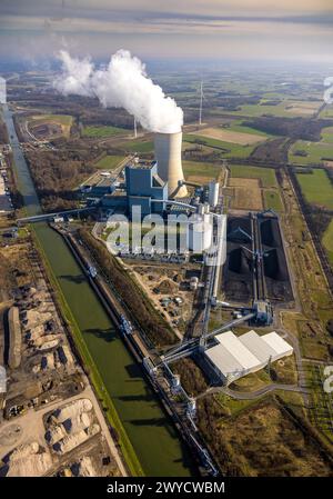 Vista aerea, centrale elettrica EON Datteln 4 di Uniper Kraftwerke GmbH, con torre di raffreddamento per fumatori sul canale Dortmund-EMS, Dümmer, Datteln, zona della Ruhr, No Foto Stock