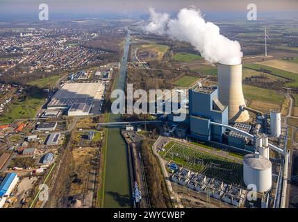 Vista aerea, centrale elettrica EON Datteln 4 della Uniper Kraftwerke GmbH, con torre di raffreddamento per fumatori sul canale Dortmund-EMS, vista su Datteln, Dümmer, Datte Foto Stock