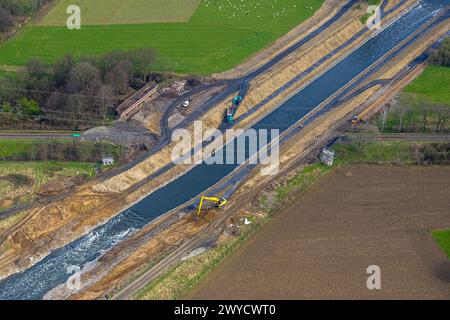 Vista aerea, diga Emscher con argine rotto alla foce dell'Emscher, area di costruzione, Eppinghoven, Dinslaken, Renania settentrionale-Vestfalia, Germa Foto Stock