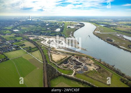 Vista aerea, nuovo estuario Emscher nel fiume Reno, ponte blu Hagelstraße, Eppinghoven, Dinslaken, Renania settentrionale-Vestfalia, Germania, foto aerea, Foto Stock