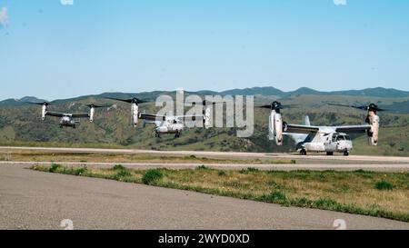 Il MV-22B Ospreys del corpo dei Marines, assegnato al Marine Medium Tiltrotor Squadron (VMM) 165 (rinforzato), 15th Marine Expeditionary Unit, atterra in un campo di aviazione dopo aver completato un'esercitazione di raid MV-22 con Bravo Company, Battalion Landing Team 1/5, 15th MEU, al Marine Corps base Camp Pendleton, California, 2 aprile 2024. VMM-165 (Rein.) Sta conducendo un addestramento deliberato e progressivo incentrato sull’integrazione degli MV-22 nella task force aeronautica marina di terra della 15a MEU, in quanto piloti e equipaggi aerei raggiungono la loro competenza. (Foto del corpo dei Marines degli Stati Uniti del Cpl. Joseph Helms) Foto Stock