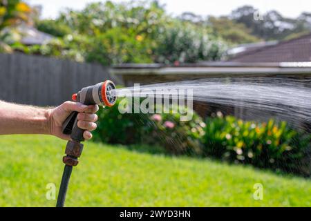 Tubo da giardino con ugello regolabile. Mano dell'uomo che tiene la pistola a spruzzo e innaffia le piante, spruzzando acqua sull'erba nel cortile. Foto Stock