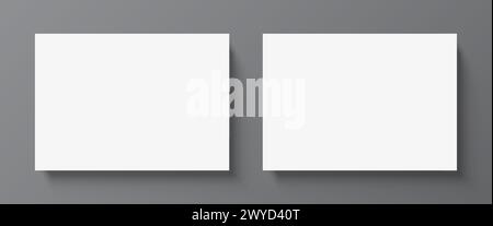2 poster bianchi bianchi appesi su uno sfondo grigio. Mockup vettoriale della galleria di poster per il posizionamento orizzontale di disegni, immagini o testo. Illustrazione Vettoriale