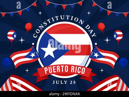 Felice illustrazione vettoriale del giorno della Costituzione di Porto Rico il 25 luglio con bandiera e nastro ondulati in National Holiday Flat Cartoon background Design Illustrazione Vettoriale