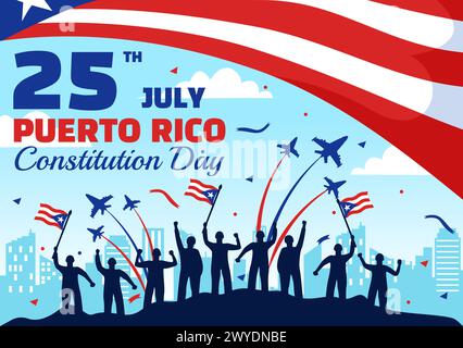 Felice illustrazione vettoriale del giorno della Costituzione di Porto Rico il 25 luglio con bandiera e nastro ondulati in National Holiday Flat Cartoon background Design Illustrazione Vettoriale