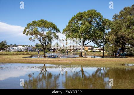 Sabato 6 aprile 2024. Sydney è stata colpita da un diluvio di pioggia nelle ultime 48 ore, con alcune aree, tra cui Penrith, che hanno ricevuto le piogge più pesanti di sempre, a Narrabeen i residenti intorno alla laguna di Narabeen, nella foto, sono stati invitati ad evacuare a causa dell'innalzamento del livello dell'acqua dal lago Narrabeen sulle spiagge settentrionali di Sydney. dove sono caduti oltre 150 mm di pioggia. Ci sono stati oltre 50 avvistamenti di inondazioni lungo i fiumi nel nuovo Galles del Sud e si prevede che la diga di Warragamba fuoriesca. Accreditate le notizie dal vivo di Martin Berry @alamy. Foto Stock