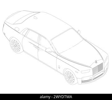 Profilo di un'auto di lusso su sfondo bianco. Il contorno della linea di schizzo di una vettura sportiva moderna è isolato su sfondo bianco in una vista isometrica. Illustrazione vettoriale Illustrazione Vettoriale