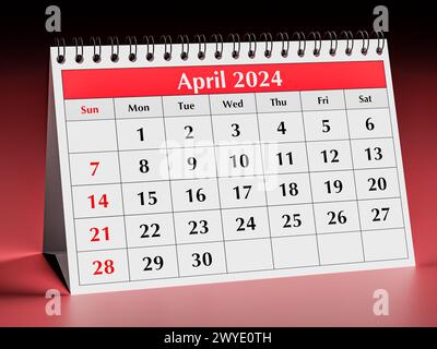 Calendario di aprile 2024. Una pagina del calendario mensile annuale del business desk in primavera Foto Stock