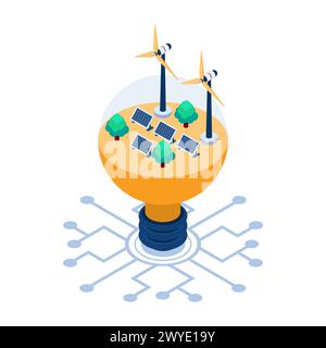 Lampadina a luce interna a cella solare isometrica 3d piatta e turbina eolica. Energia pulita e energia rinnovabile. Illustrazione Vettoriale