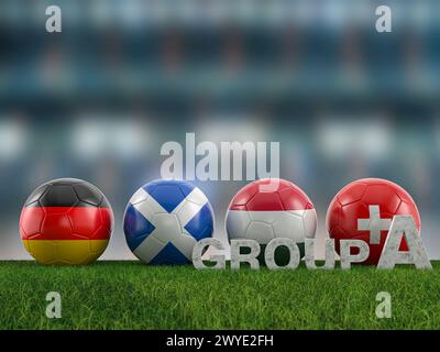 Palloni da calcio con bandiere di Euro 2024 gruppo A squadre su un campo da calcio. illustrazione 3d. Foto Stock