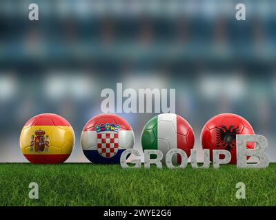 Palloni da calcio con bandiere di squadre del gruppo B di Euro 2024 su un campo da calcio. illustrazione 3d. Foto Stock