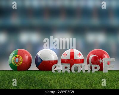 Palloni da calcio con bandiere di squadre del gruppo F Euro 2024 su un campo da calcio. illustrazione 3d. Foto Stock