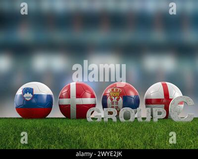 Palloni da calcio con bandiere di squadre del gruppo C di Euro 2024 su un campo da calcio. illustrazione 3d. Foto Stock