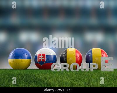 Palloni da calcio con bandiere delle squadre del gruppo e di Euro 2024 su un campo da calcio. illustrazione 3d. Foto Stock