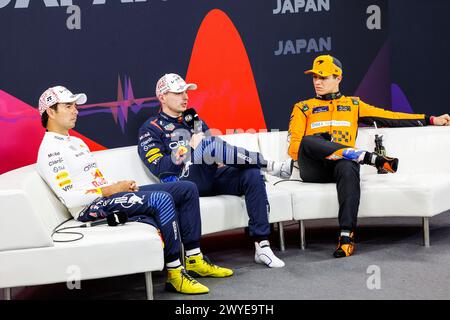 Suzuka, Japon. 6 aprile 2024. VERSTAPPEN Max (ned), Red Bull Racing RB20, Ritratto, PEREZ Sergio (mex), Red Bull Racing RB20, Ritratto e NORRIS Lando (gbr), McLaren F1 Team MCL38, Ritratto durante la Formula 1 MSC Cruises Japanese Grand Prix 2024, 4° round del Campionato del mondo di Formula 1 2024 dal 5 al 7 aprile, 2024 sul Suzuka International Racing Course, a Suzuka, Giappone - Photo Frédéric le Floc'h/DPPI Credit: DPPI Media/Alamy Live News Foto Stock