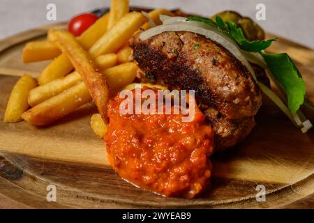 Polpette Cevapcici in stile balcanico con salsa Ajvar, cipolle, prezzemolo, patatine fritte e pepe alla griglia Foto Stock