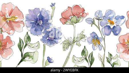 Fiori selvatici acquerello illustrazione bordo senza cuciture, fiori prati ripetono clipart cornice Foto Stock