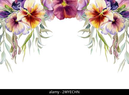 Illustrazione ad acquerello disegnata a mano, foglie di fiori botanici vittoriani. Pansy viola, rametto di salice eucalipto, frassino acero semi di chiavi. Telaio isolato ON Foto Stock