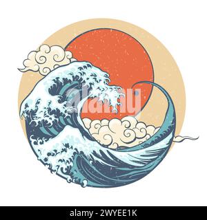 Giappone Great Wave Sun and Cloud retro Illustration isolata su sfondo bianco. Non è stata utilizzata alcuna IA. Illustrazione Vettoriale