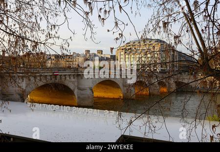 Ponte Neuf che attraversa la Senna, ponte più antico di Parigi, Ile de la Cité Foto Stock