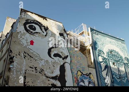 Large Street Art Murals, Chuutt di Jef Aerosol e Knowledge + Action = Power di Shepard Fairey, alias Obey, Place Stravinsky, Parigi Francia Foto Stock