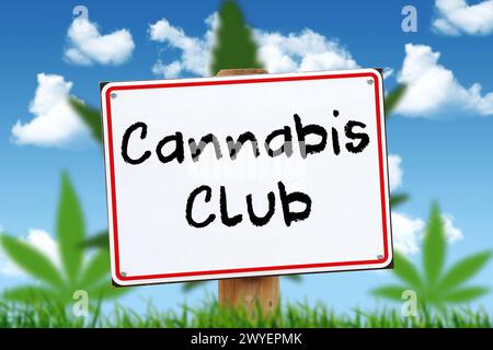 6 aprile 2024: Firma con l'iscrizione: Cannabis Club, di fronte a un cielo blu, erba verde e foglie di canapa. FOTOMONTAGGIO *** Schild mit Aufschrift: Cannabis Club, vor blauem Himmel und grünem Gras und Hanfblättern. FOTOMONTAGE Foto Stock