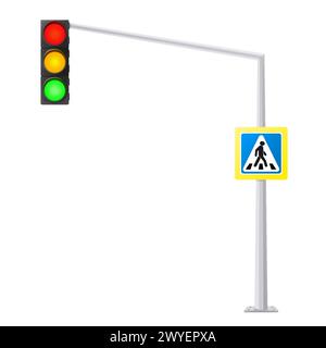 Semaforo sulla strada e sul segnale di attraversamento pedonale, semaforo. Direzione, controllo, regolazione del trasporto e pedone. Vettore 3d realistico Ill Illustrazione Vettoriale