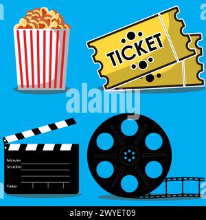 Articoli correlati al film, popcorn, biglietti, lavagna a fogli mobili, film. Grafica per intrattenimento, film o film Illustrazione Vettoriale