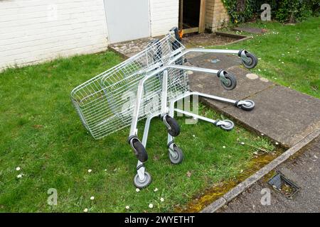 Un carrello abbandonato su un Grass Verge in una città sul loro fianco accanto a Un sentiero Foto Stock