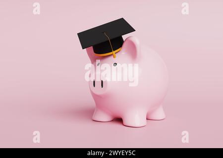 Salvadanaio rosa che indossa un berretto universitario su sfondo rosa. Concetto di università, neolaureati, istruzione e corsi di laurea Foto Stock