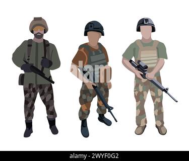 Illustrazione isolata vettoriale di militari. Gruppo di uomini in uniforme militare. Un gruppo di soldati con armi. Illustrazione Vettoriale