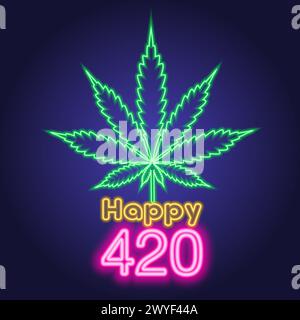 Striscione o biglietto di auguri happy 420. Il concetto di Weed Holiday. Foglia di marijuana di canapa al neon su sfondo notturno scuro. Illustrazione vettoriale moderna Illustrazione Vettoriale