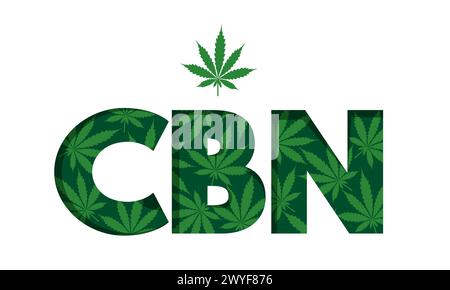 CBN abbreviazione di cannabinolo, lettere create da foglie di cannabis. Componente per uso medico costituente della pianta di cannabis. Ottimo per la progettazione di etichette, broc Illustrazione Vettoriale