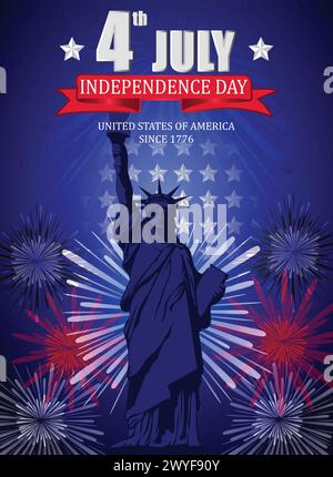 Poster disegnato per il giorno dell'indipendenza del 4 luglio con statua della libertà e fuochi d'artificio Illustrazione Vettoriale