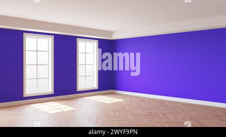 Interni con pareti viola, due finestre, soffitto bianco e Cornice, pavimento in parquet a spina di pesce lucido e White Plinth. Camera bellissima. 3D. Foto Stock