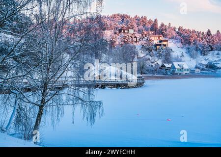 Un grande specchio d'acqua è circondato da alberi innevati in un paesaggio invernale. Gli alberi sono ricoperti di neve, creando una pittoresca scena di vento Foto Stock