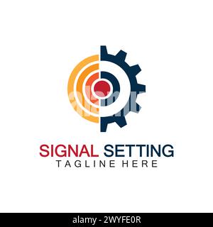 Logo per l'impostazione del segnale con composizione di ingranaggi e segnali, logo per l'impostazione della connessione, segnale, Internet, telefono, radio, computer, Wi-Fi, comunicazione, Illustrazione Vettoriale