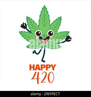 Buon 420 giorni, festa internazionale dell'erba. Divertente personaggio di cannabis foglia di cartone animato felice e divertente con testo. Ottimo per biglietti d'auguri, poster, striscioni Illustrazione Vettoriale