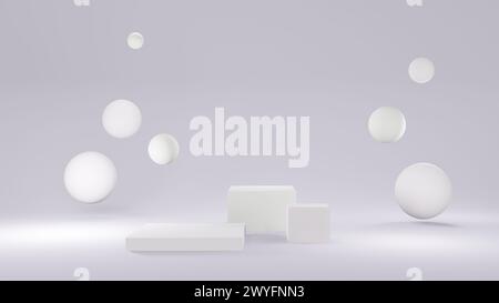 Mockup bianco con podio per cosmetici, creme, lozioni. tavolino rotondo bianco, piedistallo o podio e bolle o sfere di acqua e vetro. pubblicità in background. Sfondo o mock-up per cosmetici o moda. 3d . Illustrazione 3d di alta qualità Foto Stock