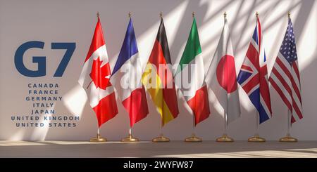 Concetto di vertice o riunione del G7. Riga dalle bandiere dei membri del gruppo dei sette del G7 e elenco dei paesi. illustrazione 3d. Foto Stock