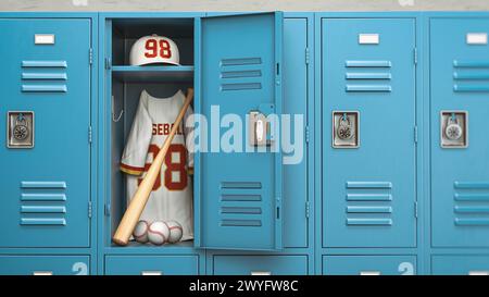 Palla da baseball e mazza in uno spogliatoio della scuola. Attrezzatura sportiva da baseball e concetto di allenamento. illustrazione 3d. Foto Stock