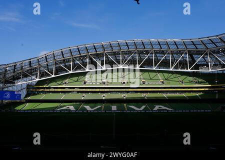 Aviva Stadium, Dublino, Irlanda. 6 aprile 2024. Investec Champions Cup Rugby, Leinster contro Leicester Tigers: Una vista dello stadio Aviva prima del calcio d'inizio Credit: Action Plus Sports/Alamy Live News Foto Stock