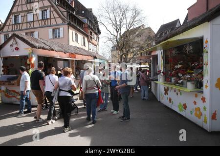 Colmar, Francia. 6 aprile 2024. © PHOTOPQR/l'ALSACE/Vincent VOEGTLIN ; Colmar ; 06/04/2024 ; ambiance au tour des chalets du marché de Pâques et de Printemps au centre ville de Colmar, le 6 avril 2024 Alsazia, Francia, 6 aprile 2024 Feels Like Summer Credit: MAXPPP/Alamy Live News Foto Stock