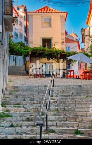 Ristorante all'aperto con Grape Trellis nel quartiere di Alfama, Lisbona, Portogallo Foto Stock