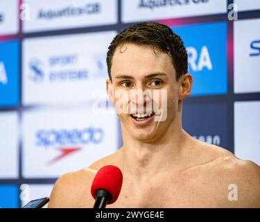 LONDRA, REGNO UNITO. 6 aprile 2024. Benjamin Proud ha rilasciato l'intervista dopo aver vinto la finale maschile 50m Freestyle Paris durante lo Speedo Aquatics GB Swimming Championships 2024 - Day 5 al London Aquatics Centre sabato 6 aprile 2024. LONDRA, INGHILTERRA. Crediti: Taka G Wu/Alamy Live News Foto Stock