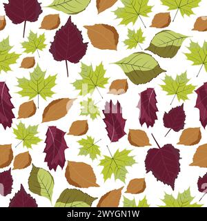 foglie colorate motivo senza cuciture con foglie marroni, verdi e clareti Illustrazione Vettoriale
