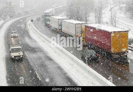 Camion nella neve. Autostrada N1. Ordizia, Gipuzkoa, Euskadi. Foto Stock