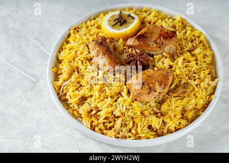 Biryani di pollo indiano con spezie servite su piatto, primo piano Foto Stock